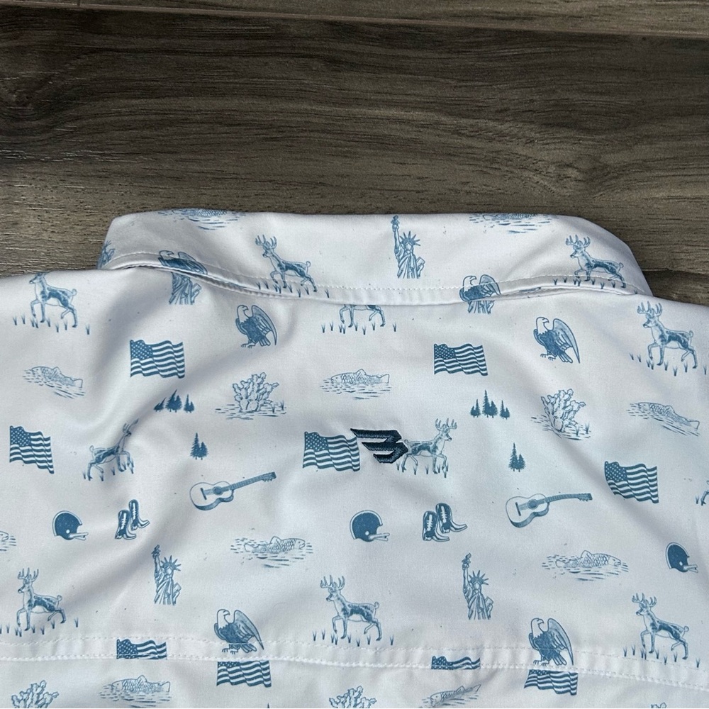 Burlebo Shirt Men’s 2XL White Blue Button Up Stretch American All Over Print - Picture 6 of 9